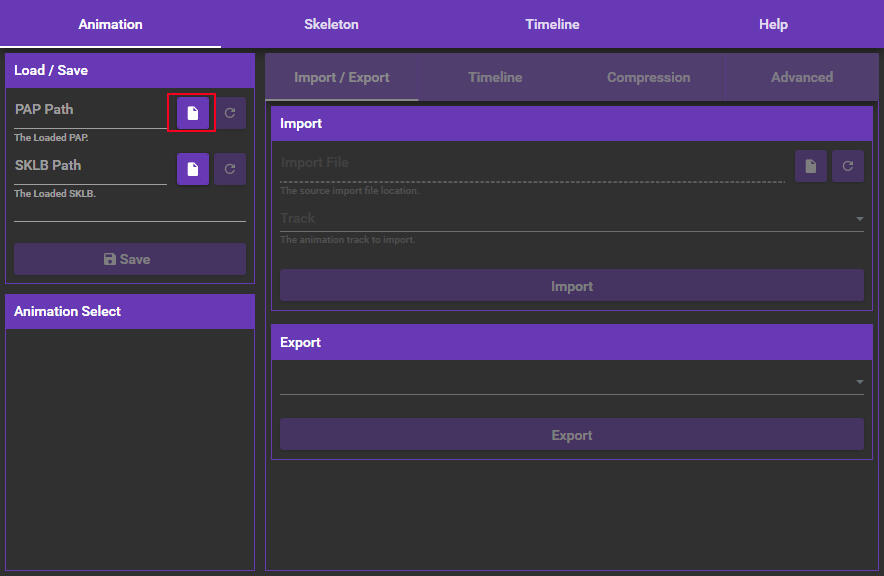 Step 3: Start up XAT Standalone and load the Animation (pap file) you exported on step 1 (click on the button in the screenshot to load the file)